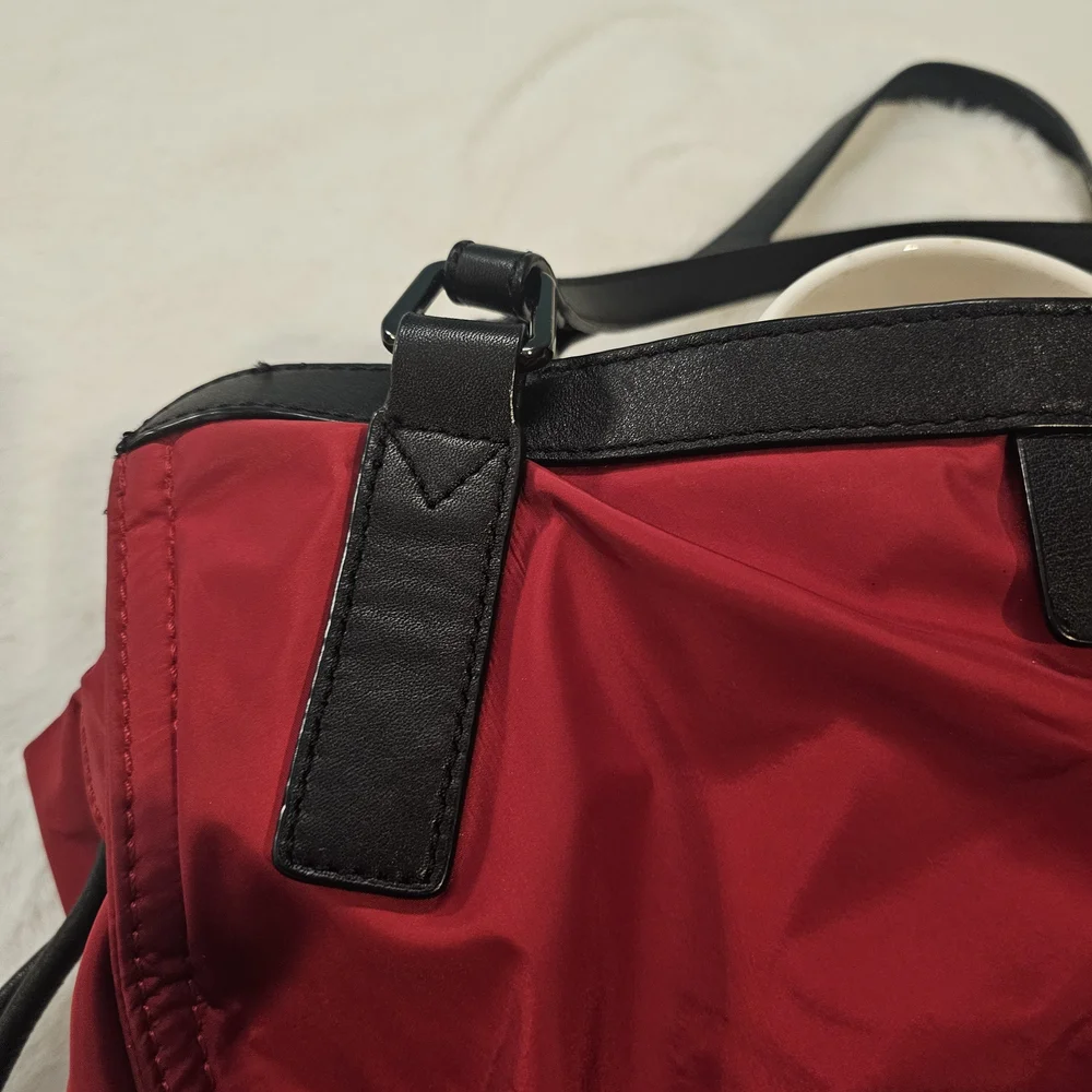 Burberry Buckleigh Red Nylon Tote Bag With Black Leather Trim
